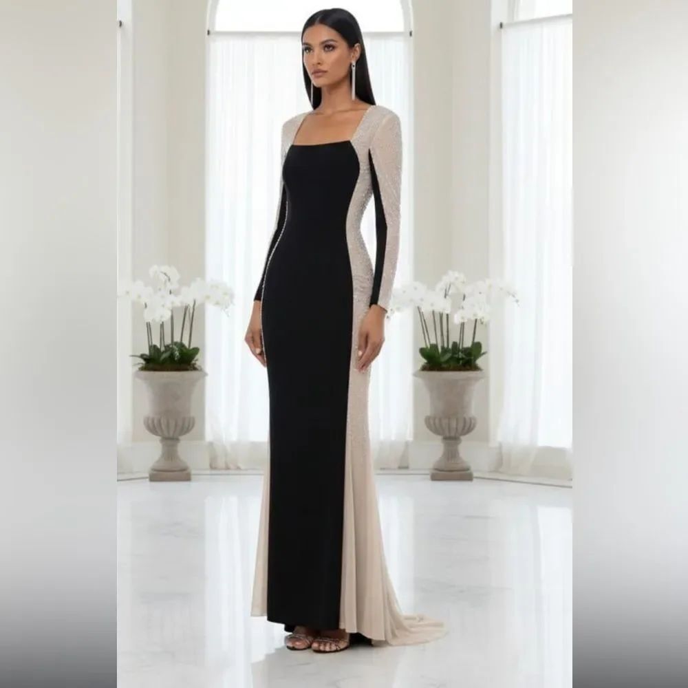 XSCAPE Caviar Beaded Mesh Panel Contrast Matte Square Neck Sheath Dress sz 6 NWT